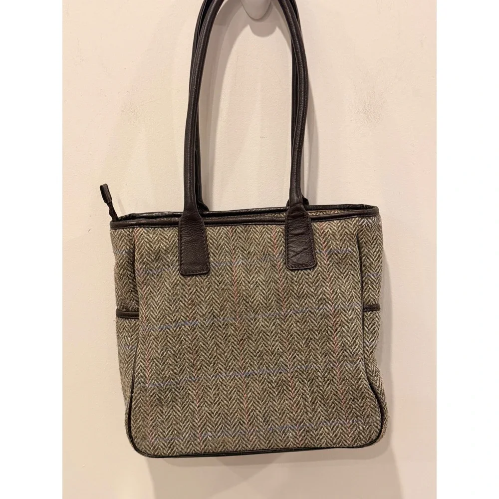 James Pringle Harris Tweed Wool Tote Bag Matching Wallet Leather Scotland